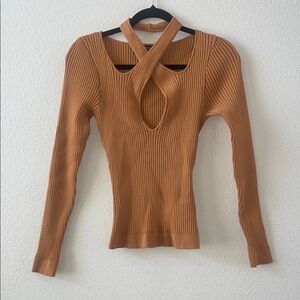 MINKPINK Ribbed Cross-Neck Blouse - Brown